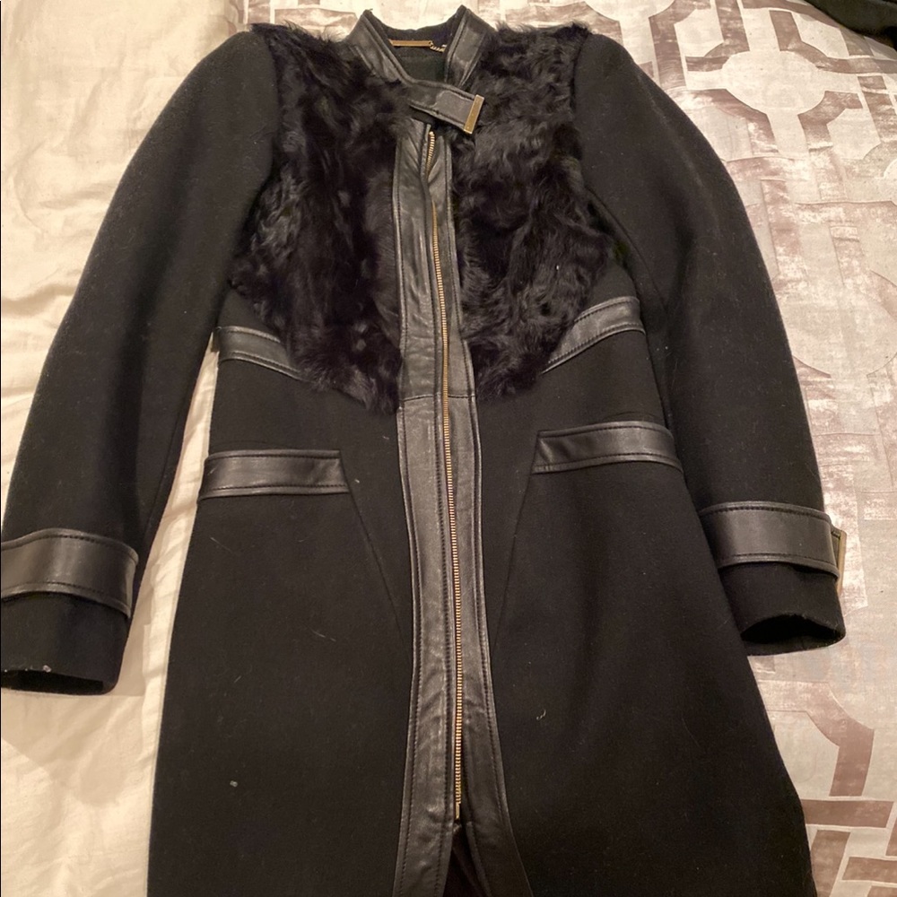 badgley mischka wool and faux fur coat knee length